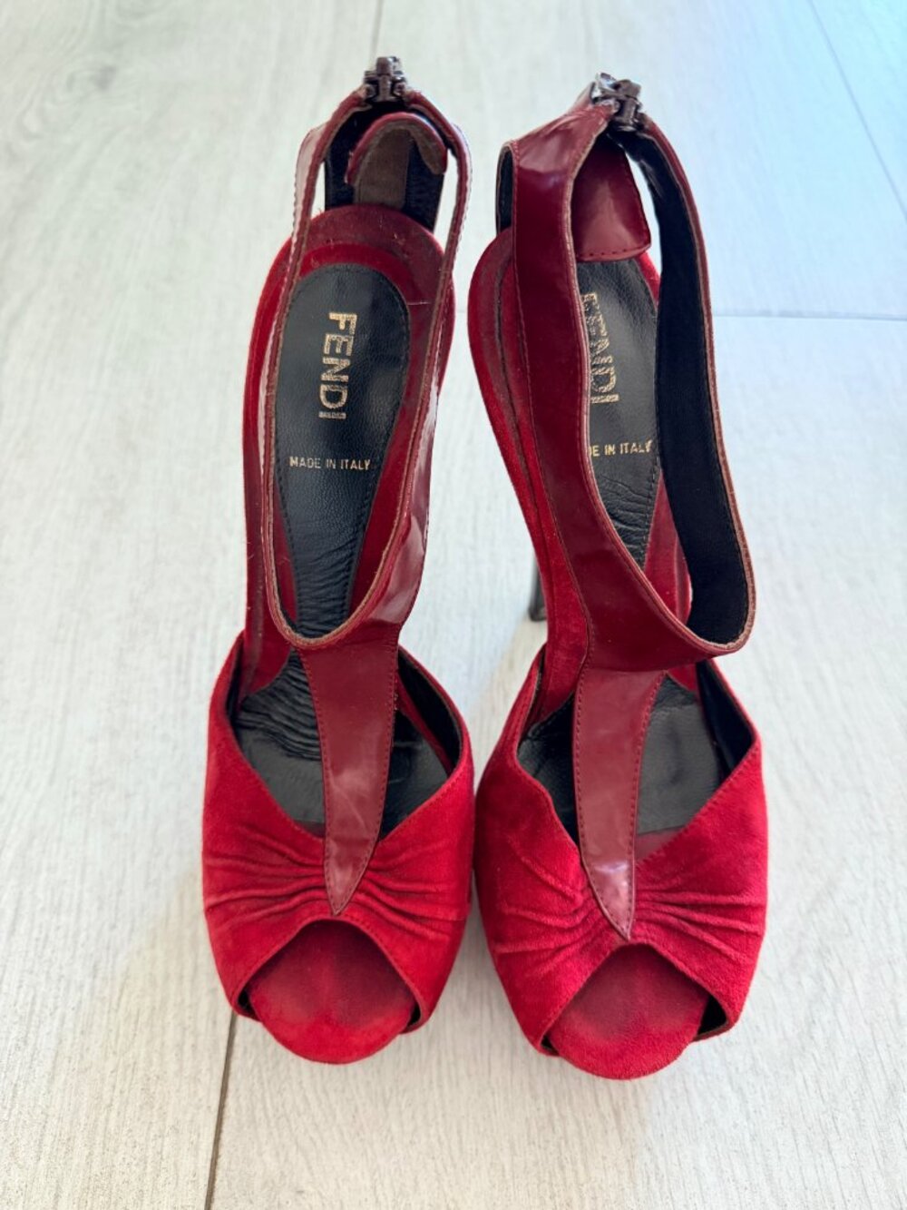 Fendi Red Suede Platform Peep Toe Sandals T-Strap Ankle Zip